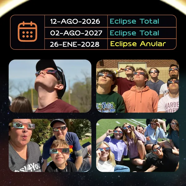 Calendar of the three eclipses printed on the temple — total on 12-08-2026, total on 02-08-2027 and annular on 26-01-2028 — and four photos of people using Helioclipse glasses