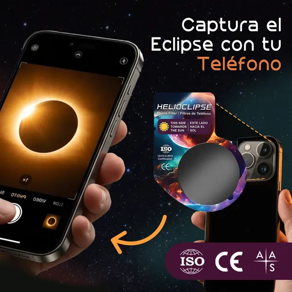 The solar lens filter included in each pack, placed in front of a phone camera to photograph the eclipse