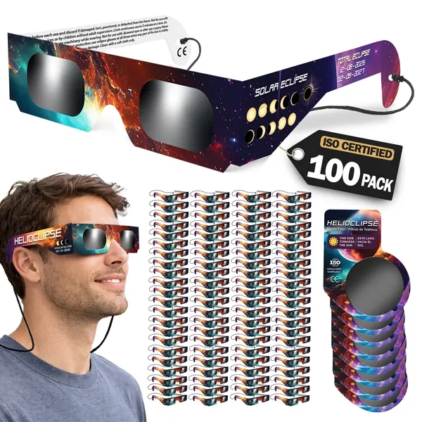 Helioclipse 100-pack of eclipse glasses laid out in rows on a white background, with the “ISO Certified 100 Pack” tag