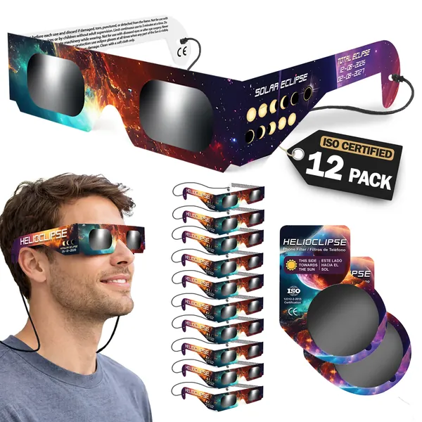 Helioclipse 12-pack of eclipse glasses fanned out on a white background, with the “ISO Certified 12 Pack” tag