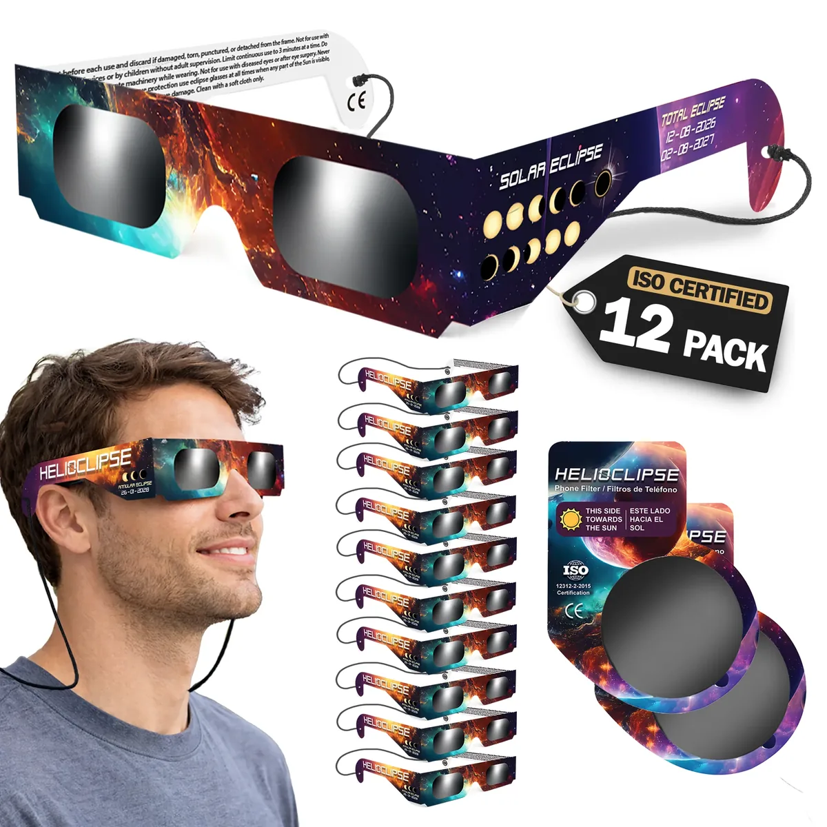 Helioclipse 12-pack of eclipse glasses fanned out on a white background, with the “ISO Certified 12 Pack” tag