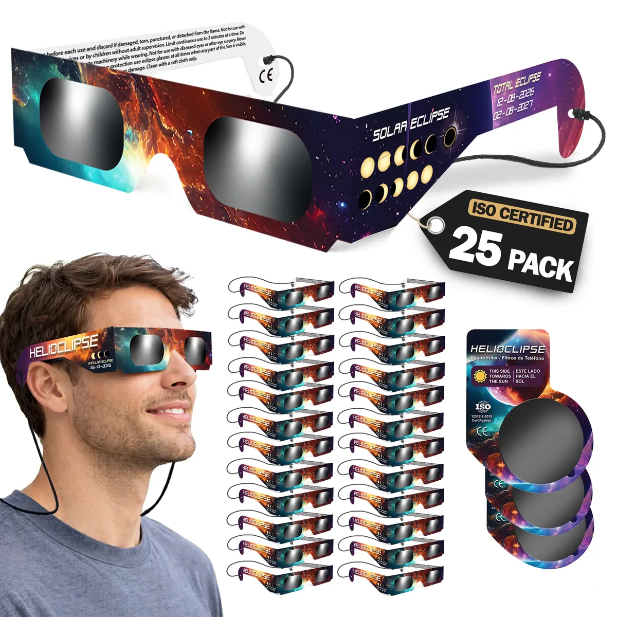 Helioclipse 25-pack of eclipse glasses laid out in rows on a white background, with the “ISO Certified 25 Pack” tag