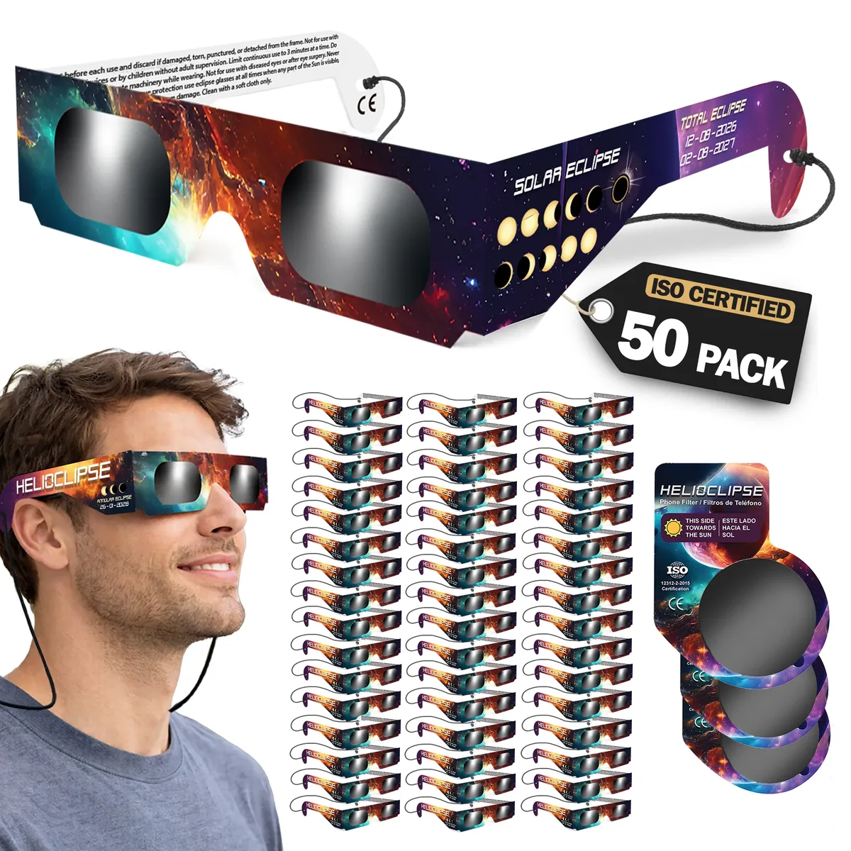 Helioclipse 50-pack of eclipse glasses laid out in rows on a white background, with the “ISO Certified 50 Pack” tag