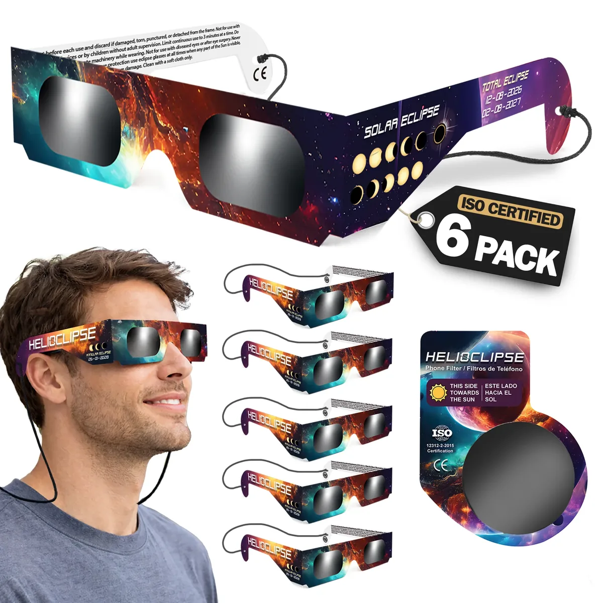 Helioclipse 6-pack of eclipse glasses: galaxy-print cardboard glasses fanned out, a man wearing them and the “ISO Certified 6 Pack” tag