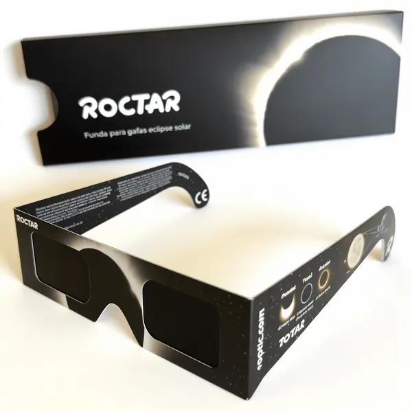 ROPTIC eclipse glasses with the CE marking next to their ROCTAR cardboard case