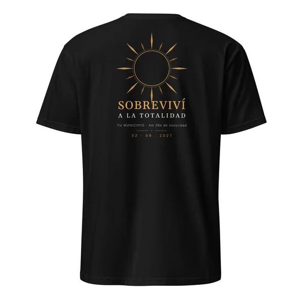 Zonsverduistering-T-shirt · voor en achter in zwart. Totale zonsverduistering van 2 augustus 2027. Ontwerp “Totaliteit overleefd”, op de rug. Erop gedrukt: de naam van de plaats, het tijdstip van het maximum en, als de eclips daar totaal is, hoe lang het donker duurt