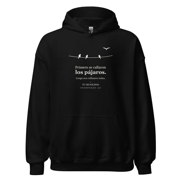 Hoodie zur Sonnenfinsternis, Motiv „se callaron los pajaros“, in schwarz