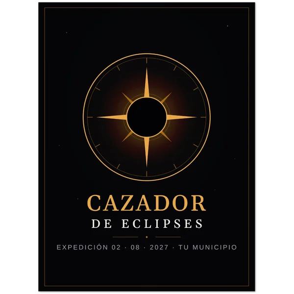 Zonsverduistering-poster. Totale zonsverduistering van 2 augustus 2027. Ontwerp “Eclipsjager”, grote opdruk aan één kant. Erop gedrukt: de naam van de plaats, het tijdstip van het maximum en, als de eclips daar totaal is, hoe lang het donker duurt