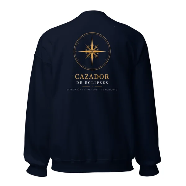 Eclipse sweatshirt · front and back, “Eclipse chaser” design, in navy
