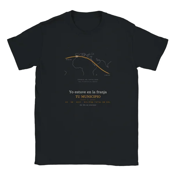 T-shirt do eclipse · criança em preto. Eclipse total de 2 de agosto de 2027. Motivo «Faixa 2027», estampagem de 30 × 40 cm no peito. Leva impressos o nome do concelho, a hora do máximo e, se aí o eclipse for total, quanto dura a escuridão