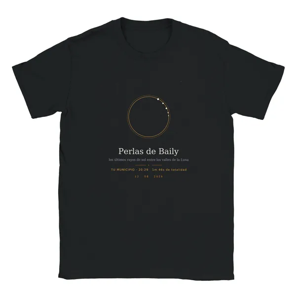 T-shirt do eclipse · criança em preto. Eclipse total de 12 de agosto de 2026. Motivo «Grãos de Baily», estampagem de 30 × 40 cm no peito. Leva impressos o nome do concelho, a sua hora de totalidade e quanto dura