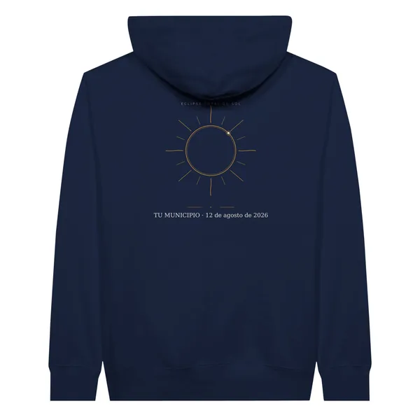 Hoodie do eclipse · à frente e nas costas em azul-marinho. Eclipse total de 12 de agosto de 2026. Motivo «Coroa», nas costas. Leva impressos o nome do concelho, a sua hora de totalidade e quanto dura
