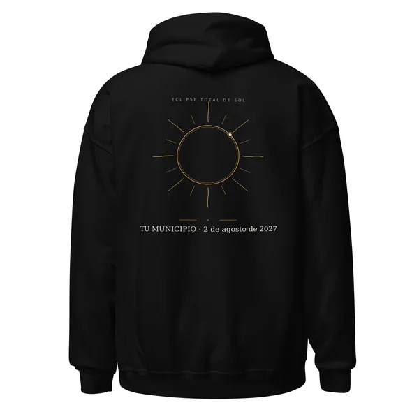 Hoodie do eclipse · à frente e nas costas em preto. Eclipse total de 2 de agosto de 2027. Motivo «Coroa», nas costas. Leva impressos o nome do concelho, a hora do máximo e, se aí o eclipse for total, quanto dura a escuridão