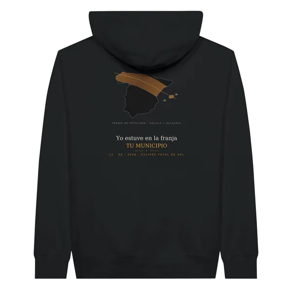 Hoodie zur Sonnenfinsternis · vorne und hinten in schwarz. Totale Sonnenfinsternis am 12. August 2026. Motiv „Der Streifen“, auf dem Rücken. Aufgedruckt sind der Ortsname, seine Uhrzeit der Totalität und deren Dauer