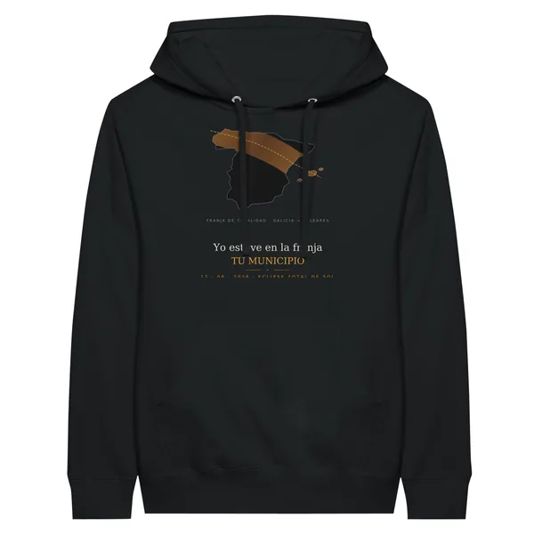 Hoodie do eclipse em preto. Eclipse total de 12 de agosto de 2026. Motivo «A faixa», estampagem de 30 × 40 cm no peito. Leva impressos o nome do concelho, a sua hora de totalidade e quanto dura