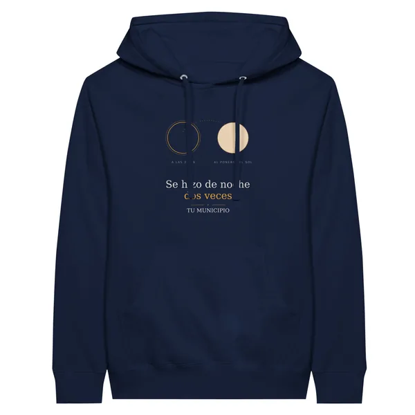Hoodie zur Sonnenfinsternis in marineblau. Totale Sonnenfinsternis am 12. August 2026. Motiv „Zweimal Nacht an einem Tag“, druck 30 × 40 cm auf der brust. Aufgedruckt sind der Ortsname, seine Uhrzeit der Totalität und deren Dauer