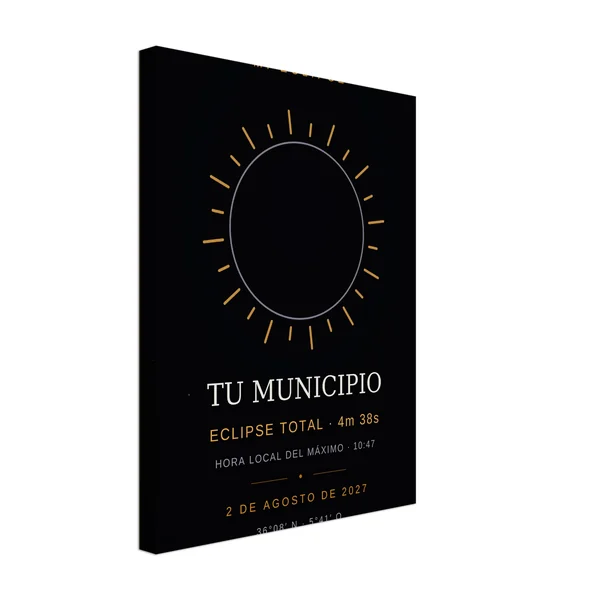 Tela do eclipse. Eclipse total de 2 de agosto de 2027. Motivo «O meu eclipse», estampagem grande de um lado. Leva impressos o nome do concelho, a hora do máximo e, se aí o eclipse for total, quanto dura a escuridão