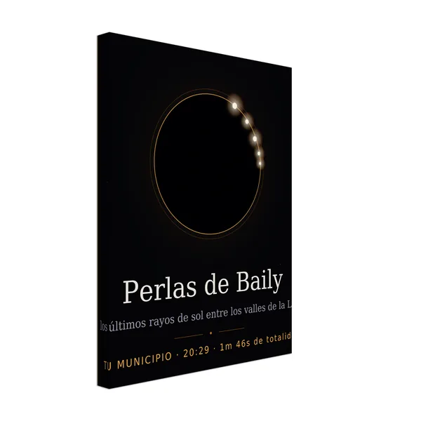 Tela do eclipse. Eclipse total de 12 de agosto de 2026. Motivo «Grãos de Baily», estampagem grande de um lado. Leva impressos o nome do concelho, a sua hora de totalidade e quanto dura