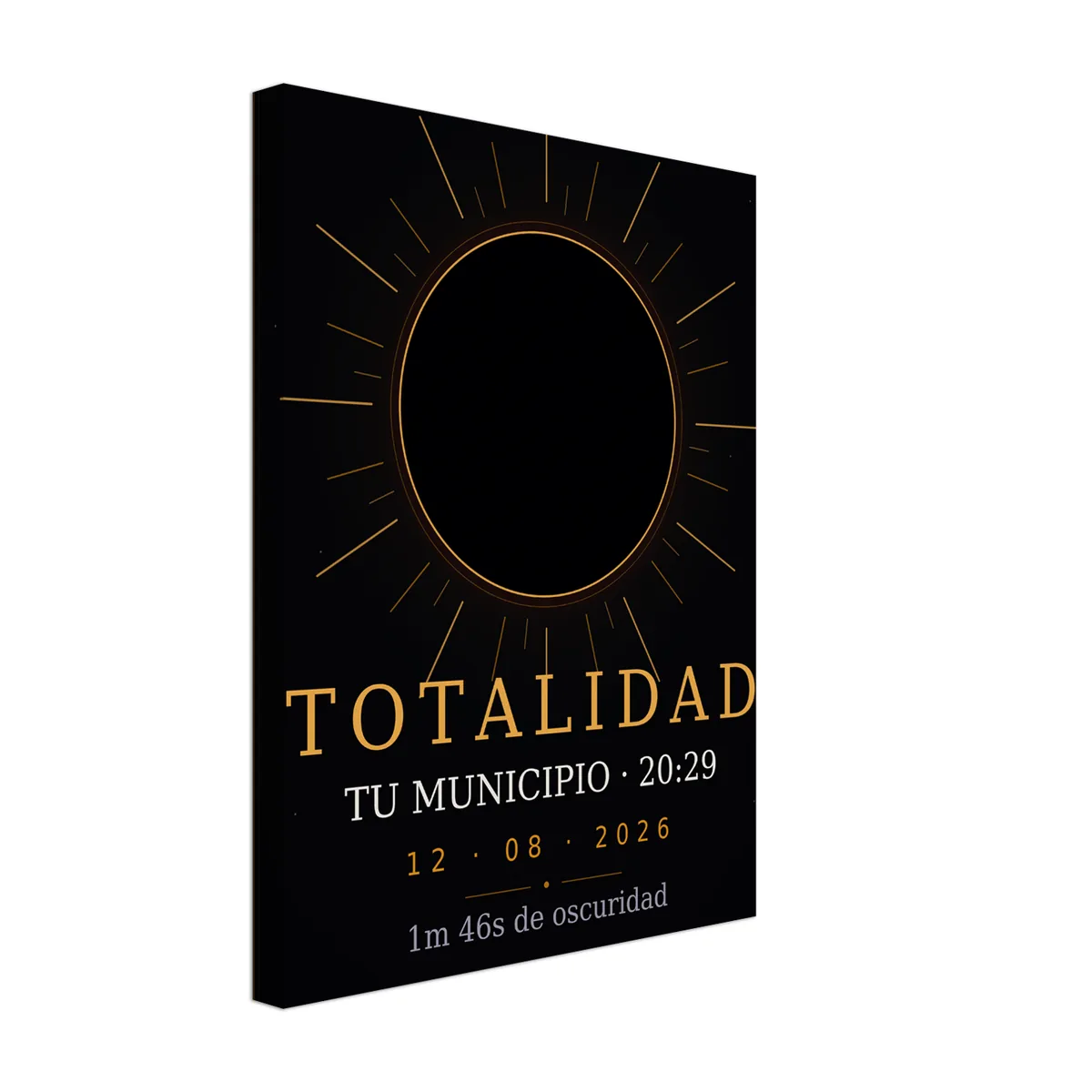 Tela do eclipse. Eclipse total de 12 de agosto de 2026. Motivo «Totalidade», estampagem grande de um lado. Leva impressos o nome do concelho, a sua hora de totalidade e quanto dura