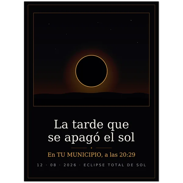 Poster do eclipse. Eclipse total de 12 de agosto de 2026. Motivo «A tarde em que o Sol se apagou», estampagem grande de um lado. Leva impressos o nome do concelho, a sua hora de totalidade e quanto dura