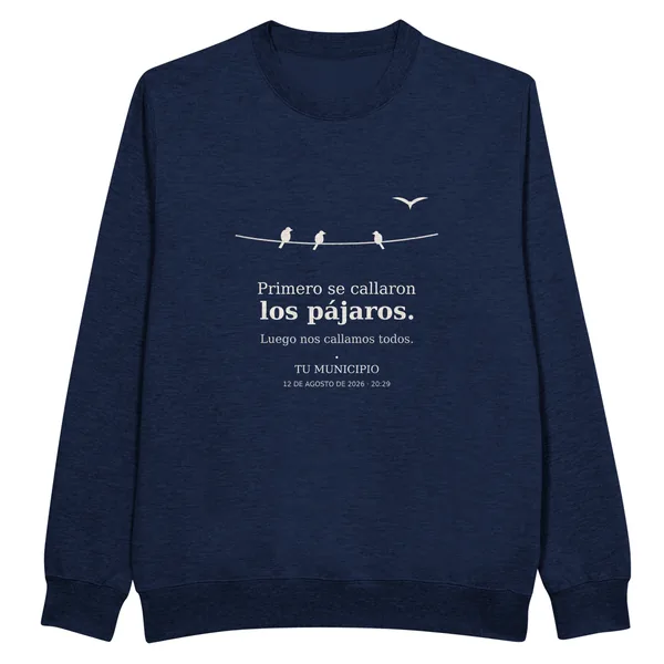 Eclipse sweatshirt, “The birds went quiet” design, in navy