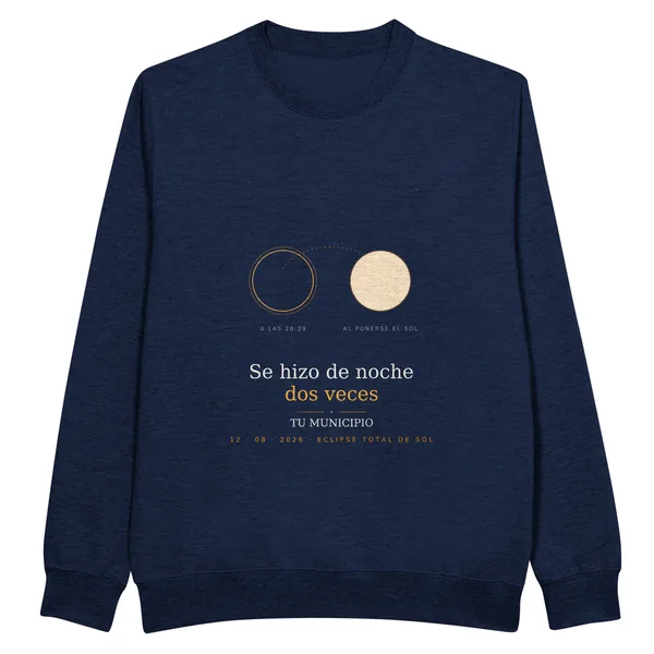 Sweat de l’éclipse, motif « La nuit est tombée deux fois », en bleu marine