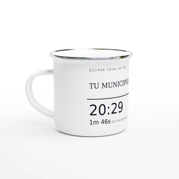 Emaille-Becher zur Sonnenfinsternis. Totale Sonnenfinsternis am 12. August 2026. Motiv „linea de la totalidad“, rundumdruck, einmal um den becher herum. Aufgedruckt sind der Ortsname, seine Uhrzeit der Totalität und deren Dauer