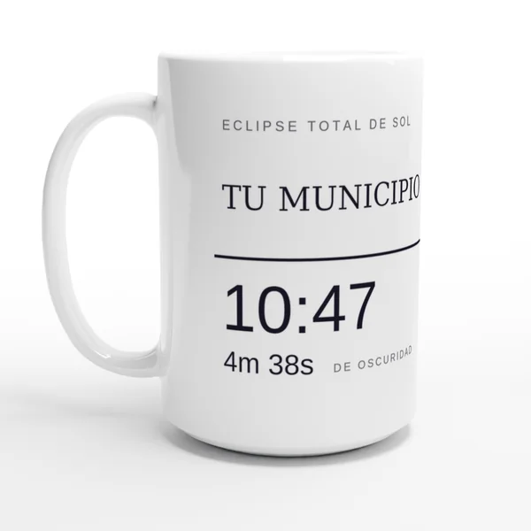 Caneca grande do eclipse. Eclipse total de 2 de agosto de 2027. Motivo «linea de la totalidad», impressão a toda a volta da peça. Leva impressos o nome do concelho, a hora do máximo e, se aí o eclipse for total, quanto dura a escuridão