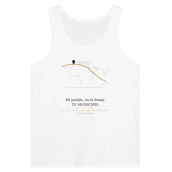Top de alças do eclipse em branco. Eclipse total de 2 de agosto de 2027. Motivo «A minha terra, na faixa (2027)», estampagem de 30 × 40 cm no peito. Leva impressos o nome do concelho, a hora do máximo e, se aí o eclipse for total, quanto dura a escuridão