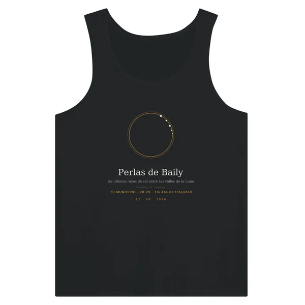 Tanktop zur Sonnenfinsternis in schwarz. Totale Sonnenfinsternis am 12. August 2026. Motiv „Baily’s Perlen“, druck 30 × 40 cm auf der brust. Aufgedruckt sind der Ortsname, seine Uhrzeit der Totalität und deren Dauer