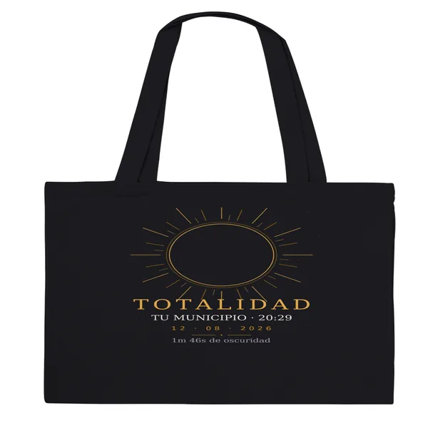 Eclipse tote bag in black. Total solar eclipse of 12 August 2026. “Totality” design, large print on one side. Printed on it: the town name, its totality time and how long the darkness lasts